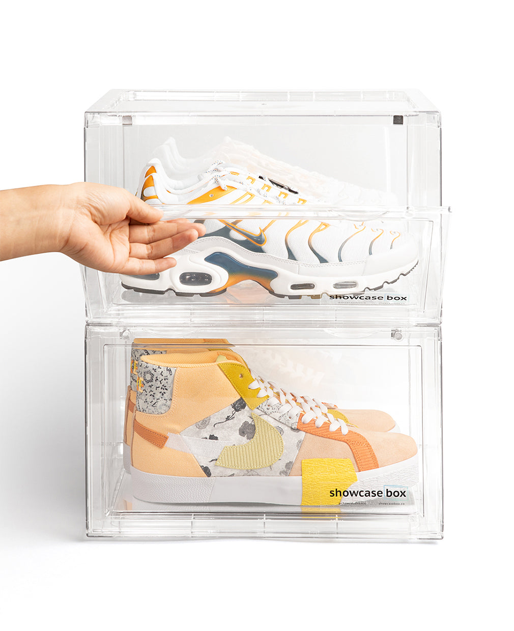 Shoe box, clear shoe storage container for sneakers, cosmetics, jewelry and toy collections.